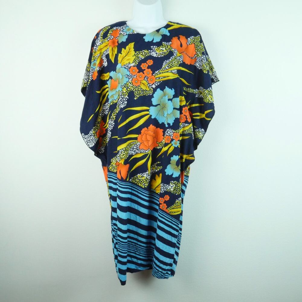 Vintage Batik Kaftan Beach Cover Resort Dress Tropical Floral Vacation One Size